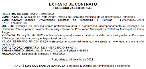 quadro demonstrativo do extrato de contrato do concurso PGM Porto Alegre