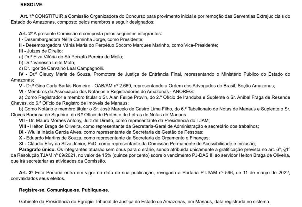 quadro demonstrando a constituição da comissão organizadora do certame Cartório TJ AM