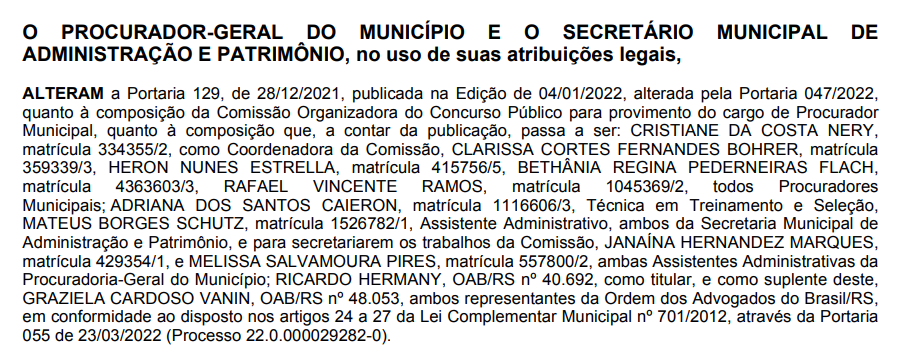 informações sobre a comissão do certame PGM Porto Alegre
