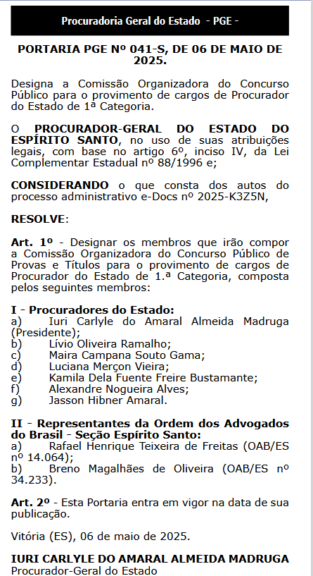 Comissão do novo edital PGE ES Procurador formada