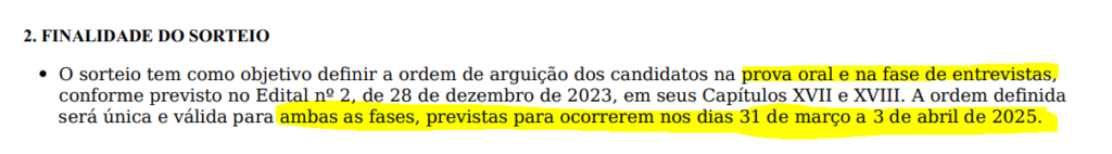 Sorteio da ordem de arguição dos candidatos na prova oral e de entrevistas