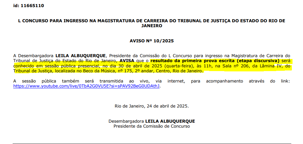 Divulgação do resultado da primeira prova escrita em 30/04