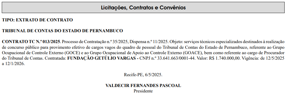 Extrato de contrato com a banca divulgado