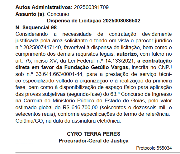 FGV é a banca do novo concurso MP GO Promotor