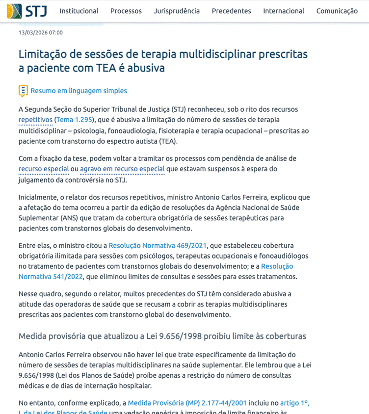  tema 1365 do STJ: limitação de sessões de terapia
