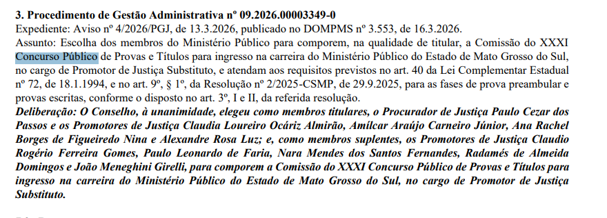 Informações sobre comissão alterada do concurso MP MS Promotor