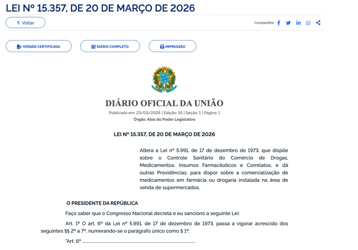 Lei 15.357/2026 que Autoriza Farmácia em Supermercado