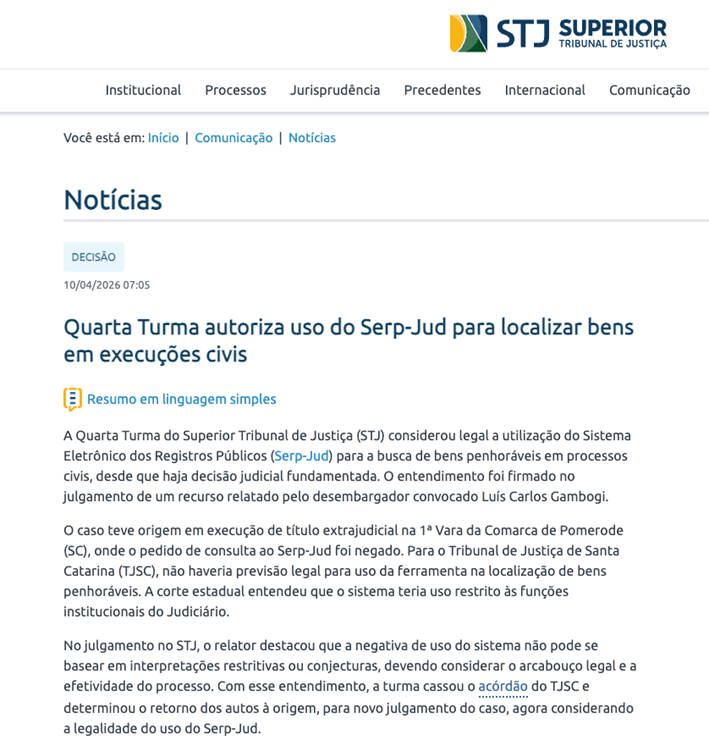 SERP-Jud na execução Judicial: decisão STJ