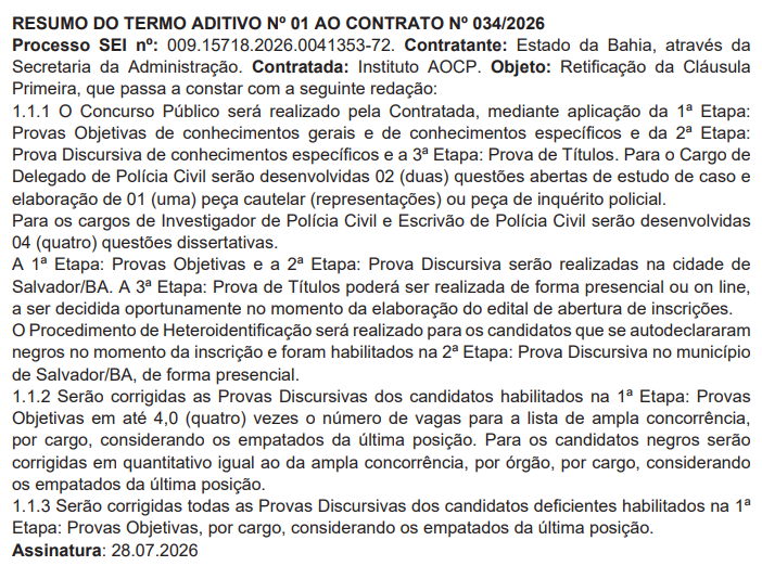 Contrato com Instituto AOCP retificado para o concurso Delegado BA